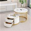 Terahanda Un elegante set da caffè bianco in due pezzi con design nidificato, un piano rotondo con effetto marmo lucido e due cassetti (bianco + oro)