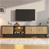 NNJN Grande mobile TV LED per soggiorno, colore legno naturale + nero, lowboard con 6 gambe di supporto, armadio in vetro temperato, 3 armadi per molto spazio, adatto per 75 pollici (175 x 31 x 43,5 cm)