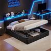 Zorvani Letto imbottito 140x190 cm con Contenitore idraulico, letto matrimoniale con illuminazione a LED e presa USB, testiera con vano portaoggetti, Letti Contenitore con rete a doghe, PU, nero