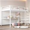 KecDuey Lettino a soppalco in metallo, 140 x 200 cm, scala di sicurezza con gradini, letto matrimoniale, letto con tavolo e scaffali, recinzione di sicurezza in metallo bianco