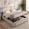 BPKADHY Letto Matrimoniale Imbottito 140 x 200 Con Cassetta Idraulica, Struttura Con Testiera e Rete a Doghe in Legno, Schienale Moderno, Funzionale, in Velluto, Riso Bianco