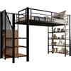 Azkoeesy Letto a Soppalco Metallo 90 x 200 cm con Scala a Grandini, Nero | Singolo, per Adulti e Adolescenti, corrimano e parapetto di sicurezza, Armadio e 4 Ripiani integrati, Max 120kg,