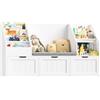 FOREHILL Libreria Montessoriana per Bambini, Porta Giochi Bambini con Cuscini, Libreria Panca a 4 Ripiani, Mobile Porta Giochi a 3 Cassetti con Ruote, per Cameretta, Studio, 140x39.5x80 cm (Bianco)