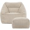 icon Natalia Pouf Poltrona con Poggiapiedi, Beige, Velluto a Coste, Grande Pouf Sacco con Riempimento Incluso, Comoda Poltrona, Poltrona Sacco, Camera da Letto, Soggiorno, Mobili Soggiorno