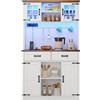 Azkoeesy Credenza alta con Luci LED e Piano di Lavoro, Mobile Dispensa Cucina Buffet 100 x 40 x 172 cm Bianco, 2 Cassetti, Ante in Vetro, Presa Elettrica, Ganci, Maniglie Nere