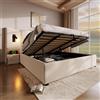 Moimhear Letto matrimoniale imbottito 180×200cm con lampada da lettura e funzione di ricarica USB Type-C, letto contenitore con telaio del letto con rete a doghe in legno massiccio e metallo, lino