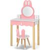 COSTWAY Toeletta Trucco 2 in 1 per Bambina, Specchiera a Forma di Coniglio Staccabile per Ragazza in Legno con Sgabello, Portapenni e Cassetto, Postazione Trucco, 60 x 34 x 103cm (Bianco)