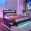 Fofetbfo Letto imbottito 160x200 cm, letto matrimoniale con illuminazione LED e caricamento USB, 4 cassetti, rete a doghe, testiera con vano portaoggetti, letto per ragazzi