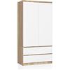 AKORD | Armadio STAR S | 90 cm Due Ante | 2 Cassetti con ripiani e Asta Appendiabiti | Mobiletto Cameretta Camera da Letto | Guardaroba | Pannello in laminato 16 mm | Sonoma & Bianco