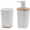 Inbagno Set Accessori Bagno in Finitura Bianca Opaca con Dettagli in Bamboo, Completo di Dispenser Sapone Liquido e Porta spazzolini