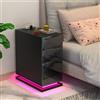 HAMHAIGO Moderno Comodino Lucido con Presa Elettrica Comodino Stretto con Barra LED, Tavolo da Notte con 3 Cassetti, Nero