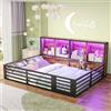 Trdlpyn Letto di recinzione 140 x 200cm con Ringhiera, Comodino con Vano Contenitore e Strisce Luminose a LED, Montessori Letto a Terra Bambini con Rete a doghe, Metallo