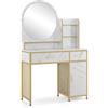 MCombo M MCombo Tavolo da toeletta con specchio, tavolo da toeletta con 2 cassetti, 3 ripiani aperti, porta asciugacapelli, tavolo cosmetico in legno, struttura in metallo, bianco e oro, 2501