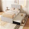 Oxtao Letto imbottito 90 x 200 cm, singolo con 3 cassetti, telaio estensibile 90 x 190, testiera regolabile, per famiglie, lino, senza materasso (beige, 90 x 200 cm)