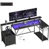 HOMCOM Scrivania Gaming Reversibile ad L con LED, 192.5cm Scrivania Angolare con Prese Elettriche, Supporto Monitor e CPU, 2 Cassetti in Tessuto per Documenti A4/Legale, per Casa Ufficio Studio, Nero