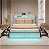 KEFSR Letto Matrimoniale 140x200 con 4 Cassetti, Testiera LED RGB Regolabile, Porte USB/Type-C, Tessuto Lino Elegante, Struttura in Metallo Resistente con Rete a Doglie Inclusa (Beige Lino, 140x200)