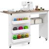 COSTWAY Tavolo da Cucito Pieghevole, Mobile per Macchina da Cucire con Ripiano Portaoggetti, 3 Scomparti Nascosti e Ruote Bloccabili, Mobile per Piccoli Spazi (118,5 x 40 x 79,5 cm, Legno e Bianco)