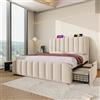 Wyibwy Letto imbottito 180 x 200 cm, letto matrimoniale con con 4 cassetti e porta USB Tipo-C, in tessuto di lino,Testata imbottita con finiture dorate, per adulti e Bambini, Senza materasso,beige