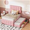 Oxtao Lettino imbottito per bambini, 90 x 200 cm, con letto estraibile e 3 cassetti, testiera regolabile, letto singolo per 2 bambini, letto per ragazzi con rete a doghe, lino (rosa, 90 x 200 cm)