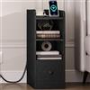 Hzuaneri Comodino con Stazione di Ricarica, Porta USB e di Tipo C, Tavolini Stretto, Spazio di Archiviazione a 3 Livelli con 1 Cassetto, per Camera da Letto, Soggiorno, Nero NS36404X