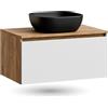 Planetmöbel - Set di mobili da bagno, armadietto sottolavabo da 80 cm, in rovere Gold Eiche bianco, lavabo da 42 cm nero, incl. sifone salvaspazio