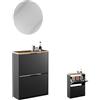 Planetmöbel Scarpiera stretta con specchio rotondo illuminato 60 cm (2 livelli di illuminazione), porta scarpe con 2 sportello e 4 ripiani, set guardaroba, 60 x 23 x 80,5 cm, nero