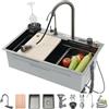 OMGMTSTORE Lavello Cucina 75x46 cm in Acciaio Inox con Effetto Cascata, Lavello Multifunzionale Workstation con Display Digitale, Rubinetto Estraibile, Tagliere, Lavabicchieri, Dispenser Sapone e Kit Scarico