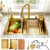 ATHOMASM Lavabo da cucina, dorato, 80 cm, in acciaio inossidabile, con rubinetto estraibile regolabile, kit completo, lavabo da cucina, a incasso, cascata, multifunzione