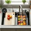OMGMTSTORE Lavello a cascata 85 x 50 cm, lavello in acciaio inox, 1 vasca, grande piano di lavoro, con rubinetto estraibile 3 in 1, tagliere e sistema di drenaggio, set completo per bar di casa
