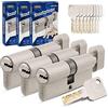 GERCAR Pro Uguali 3 Cilindri a Pomello 45/45 Set 3x Cilindri di Chiusura con Pomello incl. 15 Chiavi - 90 mm Serratura Porta Serratura a Cilindro 3 Cilindri - Lunghezza: 90mm, A:45 B:45 - Ottone Opaco