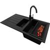 PRIMAGRAN Lavandino da Cucina Tutto Nero 90x50cm, Lavello in Granito a 1,5 vasche + Rubinetto 32x20cm + Set di accessori, Lavabo da Cucina Incasso al Mobile 60cm - Copenhagen Duo S076