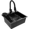Shalmidor Lavello nero 50 x 45 cm, lavello da cucina in acciaio inox, 1 vasca, lavabo da cucina con rubinetto estraibile, piccolo lavello da incasso con scolapiatti, dispenser di sapone