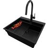 PRIMAGRAN Lavandino da Cucina Tutto Nero 58x53cm, Lavello in Granito a 1 vasca + Rubinetto 40x20cm + Set di accessori, Lavabo da Cucina Incasso al Mobile 60cm - Oslo Max Level S175