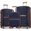KONO Set Valigie PP - Trolley Bagaglio a Mano, Media e Grande con Blocco Aeroportuale e Ruote 360° Silenziose per Viaggi Business e Famiglia (Set di 3 Valigie, Marina Militare/Marrone)
