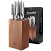 Oleio Maestro Set ceppo portacoltelli, 5 coltelli da cucina in acciaio inox con ceppo in legno di acacia, affilacoltelli integrato, lame 8-20 cm, manici ergonomici inox per cucina quotidiana
