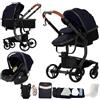 Magic ZC Pelle PU Passeggino Trio, Passeggino 3 in 1 con Doppia Modalità Push Reversibile, Trio Passeggini Neonati con Grande Navicella, Carrozzina Neonati in Alluminio Pieghevole (L518 Black Blue)