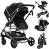 Nine point nine Trio Passeggino Neonati, Passeggino 3 in 1 con Doppia Modalità Spinta Reversibile, Carrozzina per Neonati con Grande Nacelle, Trio con Telaio in Alluminio (739 Black)