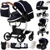 Veitoalioy Pelle PU Passeggino Trio, Trio Neonati con Accessori, Carrozzina per Neonati con Design Portatile Pieghevole Un Clic, Passeggino 3 in 1 con Spinta Reversibile a Due Vie (M518 Silver Blue)