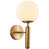 NICRX Applique da parete a sfera in vetro bianco da 150 mm, globo in vetro bianco con lampada da parete con base in ottone dorato
