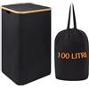 IlGruppone Cesto Portabiancheria con Coperchio Cesta Bucato 100L con Sacco Interno Removibile Tessuto Oxford Manici in bambù Pieghevole Grande Biancheria Sporca - Nero