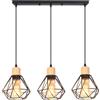 iDEGU 3 Luci Lampada a Sospensione Industriale in Metallo Legno Lampadario da Soffitto Stile Gabbia Nero Illuminazione E27 Lampadario a Sospensione Vintage per Sala da Pranzo Cucina Soggiorno (Barra)