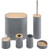 IlGruppone Set Completo Accessori Bagno 6 Pezzi Design Moderno in Plastica e bambù Incluso Cestino Pattumiera,Dispenser Sapone, PortaSaponetta, Porta Spazzolini - Grigio