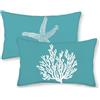 GOLIANDA - Set di 2 federe per cuscini costieri, 30,48 x 50,8 cm, in lino, color acquamarina e turchese, motivo corallo/stella marina, per decorazioni nautiche estive, per la spiaggia, per esterni