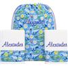 AmiAmarena Set asilo personalizzato. Set asilo 3 pezzi in 100% cotone. 2 asciugamani per bambini e sacca per asilo con nome ricamato (Dino Land 3D, Multicolore)