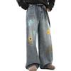 KWISUAWHGA Uomo Floreale Ricamo Mid Rise Jeans Dritti Hip Hop Streetwear Allentato Casual Pantaloni Gamba Larga,Blu,L