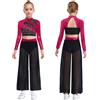 Vxuxlje Bambine Ragazze Top Corto E Pantaloni Chiffon A Zampa 2 Pezzi Abbigliamento Danza Jazz Latino Costumi Danza Contemporanea Rosa acceso 9-10 anni