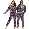 QIYUANT Pigiama di Coppia Natale con Cappuccio Caldo Pile di Flanella Cerniera Intera Autunno Inverno Primavera Adulto Tuta Monopezzo con Tasche (Donna Blu XL)