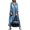 Yesgirl Abito Estivo da Donna Boho in Denim Estivo Donna Casual Jeans Scollo A V Maniche Lunghe Gonna A Pieghe A-Line Maxi Denim Camicia A Tunica Abito Camicetta A Azzurro L