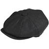 Peaky Blinders, Berretto Piatto a 8 Spicchi in Stile "Newsboy", in Tweed di Lana Black Herringbone XL