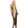 BAODANWUXIAN Vestito Donne Elegante Shiny Shiny Metallic Midi Abito Midi Demma Sleeveless Bodycon Senza Schienale Long Lady Club Assette Serali-Oro Lungo-S